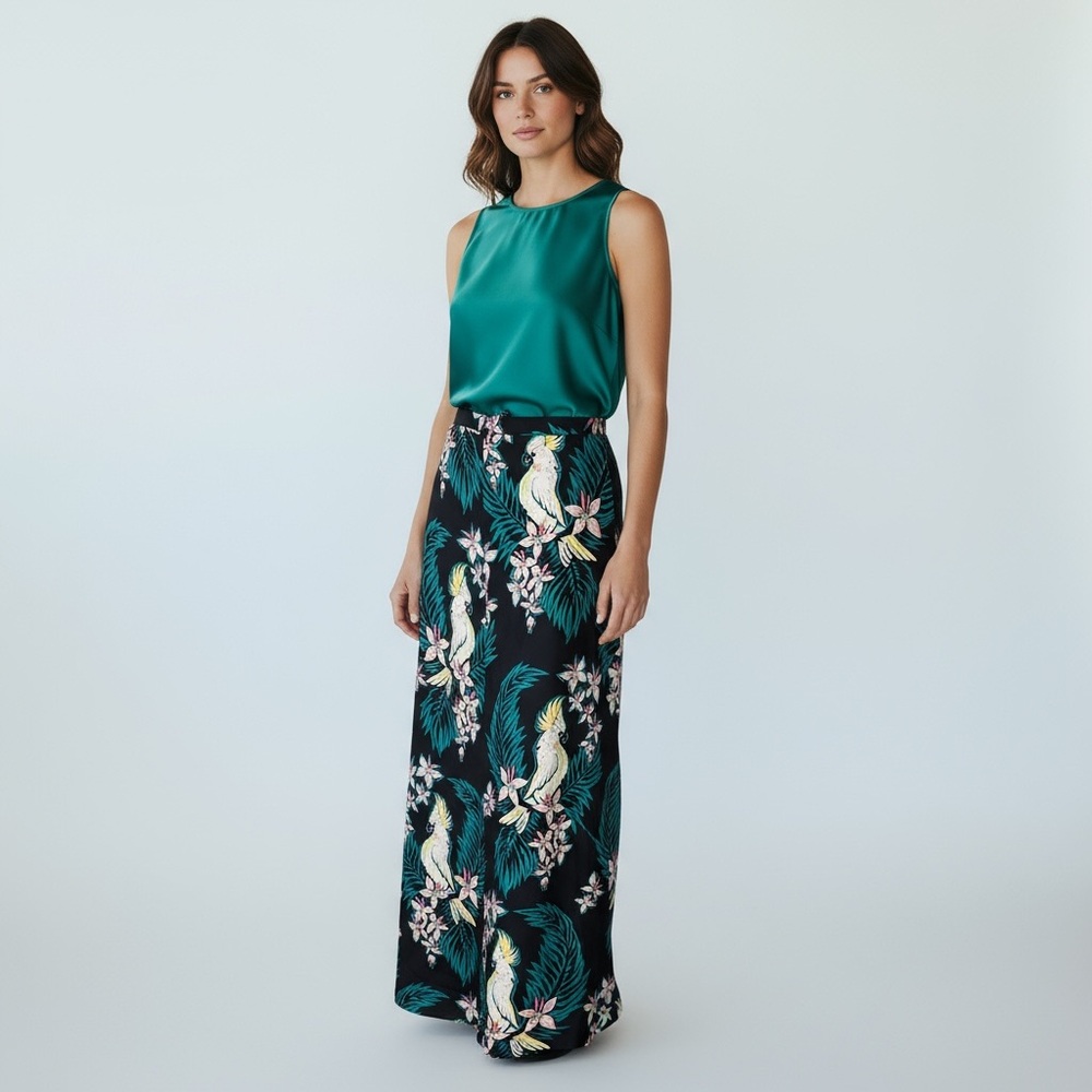 Vintage Bob Mackie Wearable Art Silk Tropical Parrot Pull-On Maxi Skirt